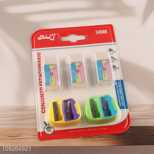 Wholesale 5PCS/Set Plastic Manual Pencils Sharpeners and Erasers Set for Kids Students