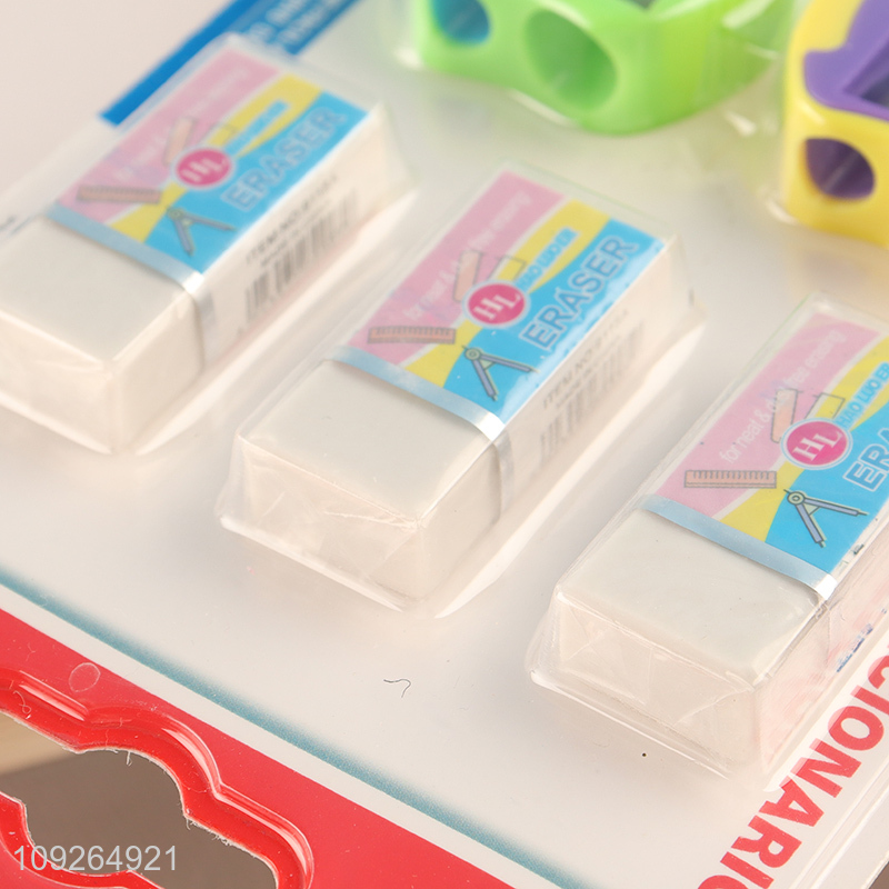 Wholesale 5PCS/Set Plastic Manual Pencils Sharpeners and Erasers Set for Kids Students