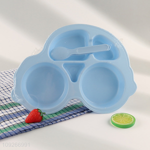 Top selling car shape plastic baby dinner <em>plate</em> set with fork and spoon wholesale