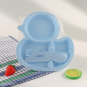 Hot selling duck shape plastic baby dinner <em>plate</em> set with fork and spoon wholesale
