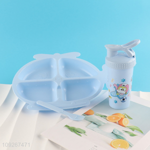 Latest products cartoon plastic dinner <em>plate</em> water bottle set for household